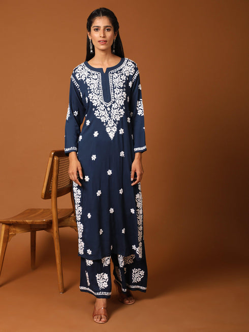 Fizaa Chikankari CO-ORD Set In Modal Cotton for Women In Blue